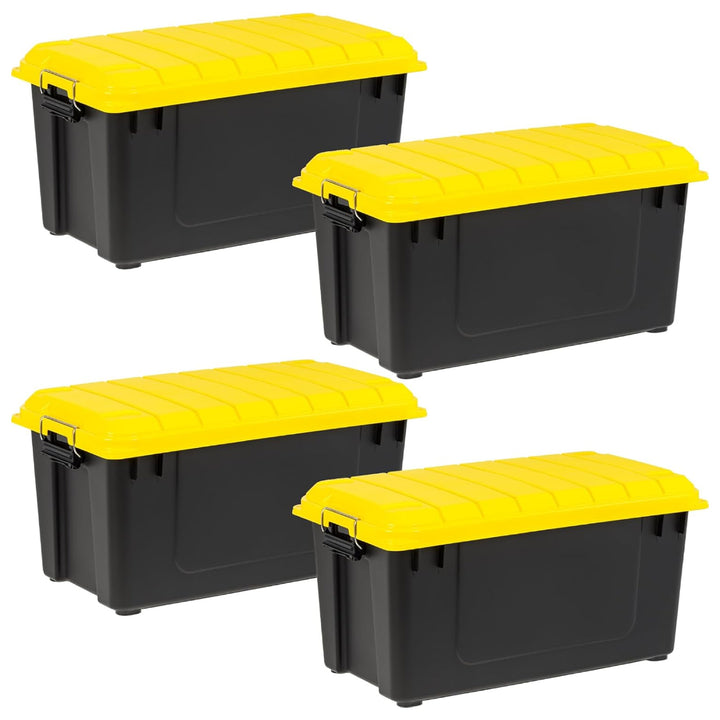 IRIS USA WeatherPro 21 Gal Plastic Storage Bins with Lids, Black/Yellow, 4 Pack - VMInnovations