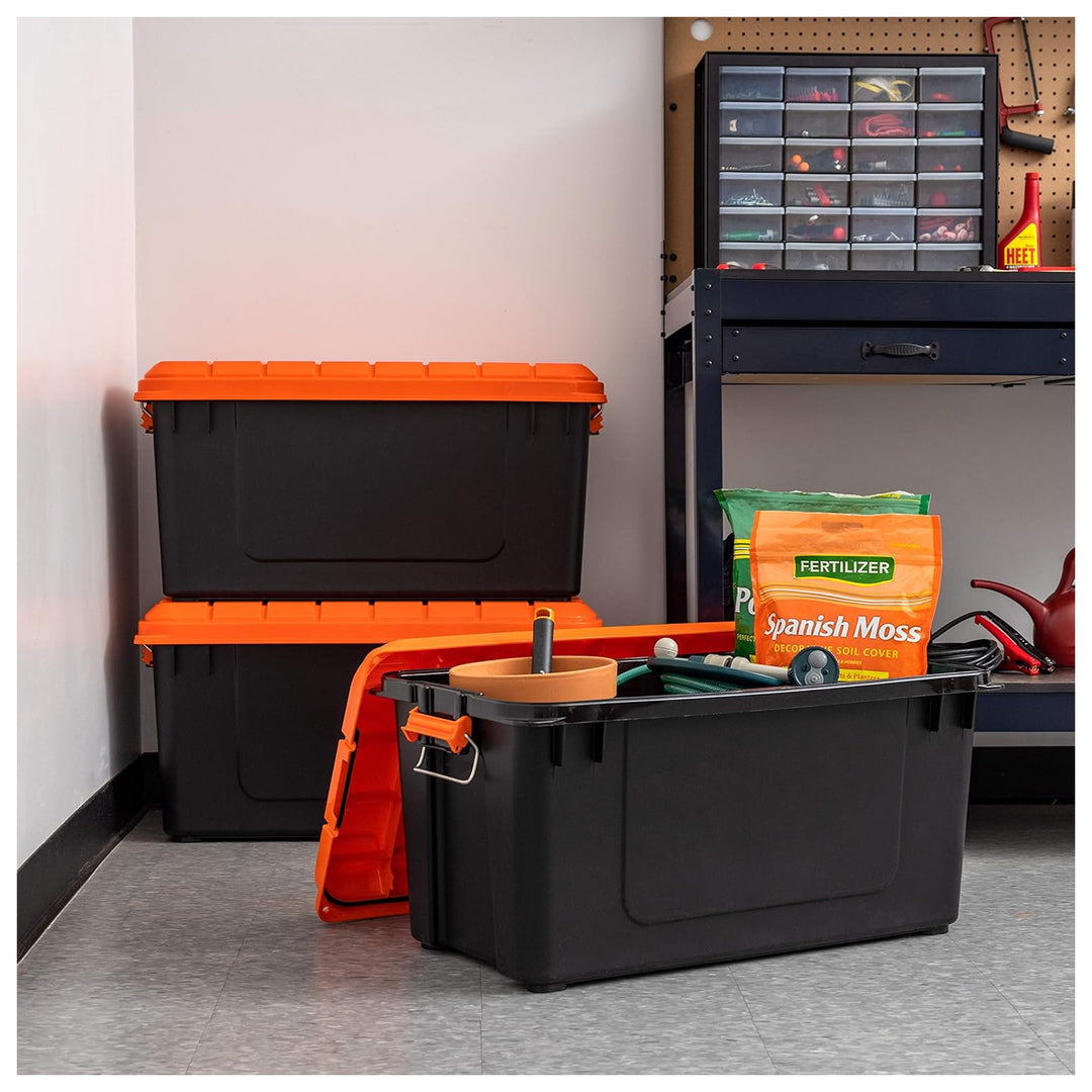 IRIS USA 21 Gal Store-It-All Plastic Storage Bins with Lids, Black/Orange, 3Pack - VMInnovations