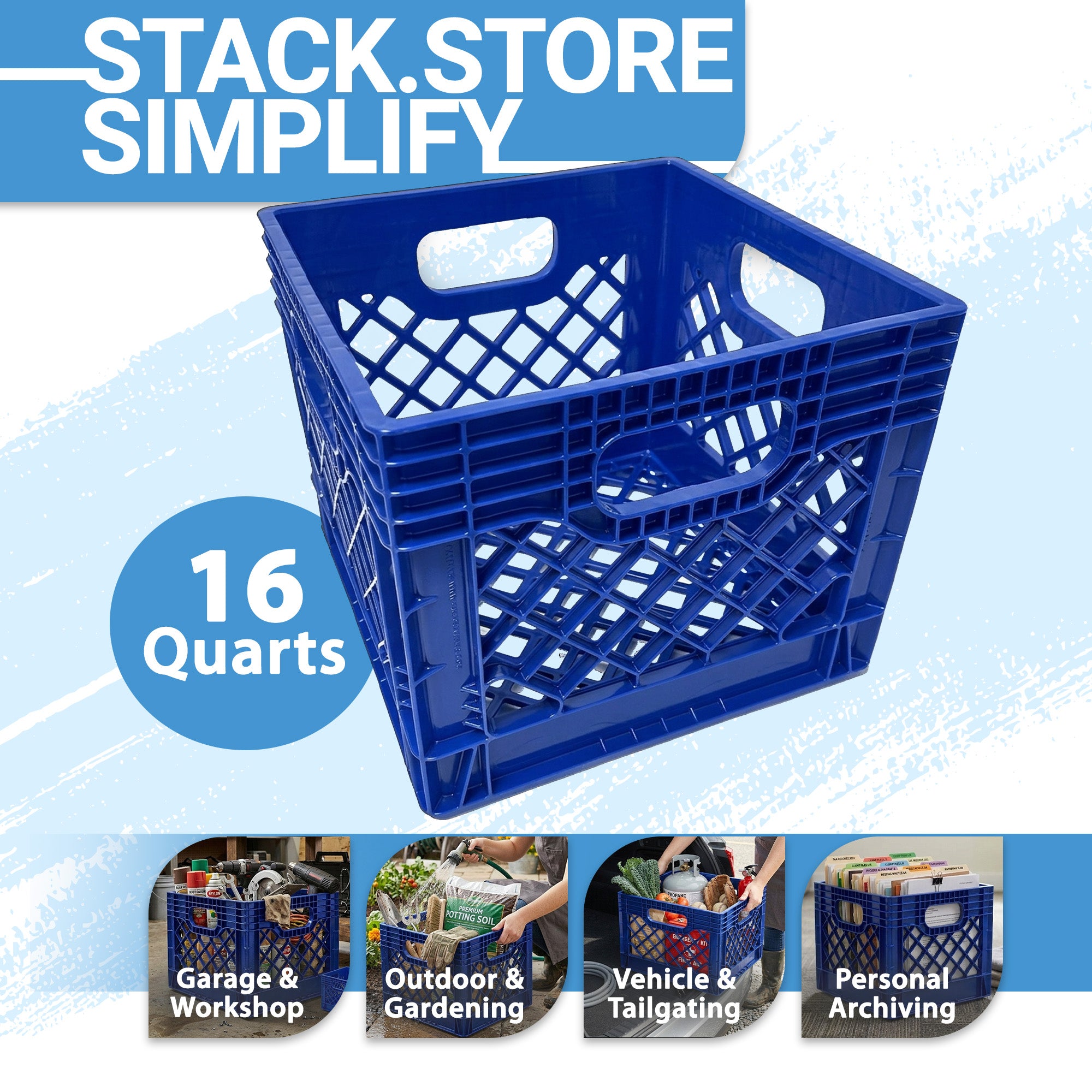Mirapet Milk Crate, Stackable Plastic Storage with Handles, 16 Qt, Blue, 2 Pack (Open Box)