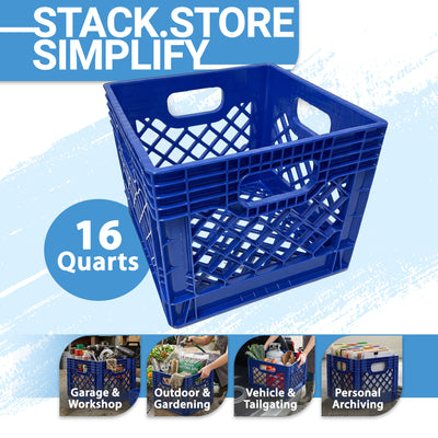 Mirapet Milk Crate, Stackable Plastic Storage with Handles, 16 Qt, Blue, 2 Pack (Open Box)