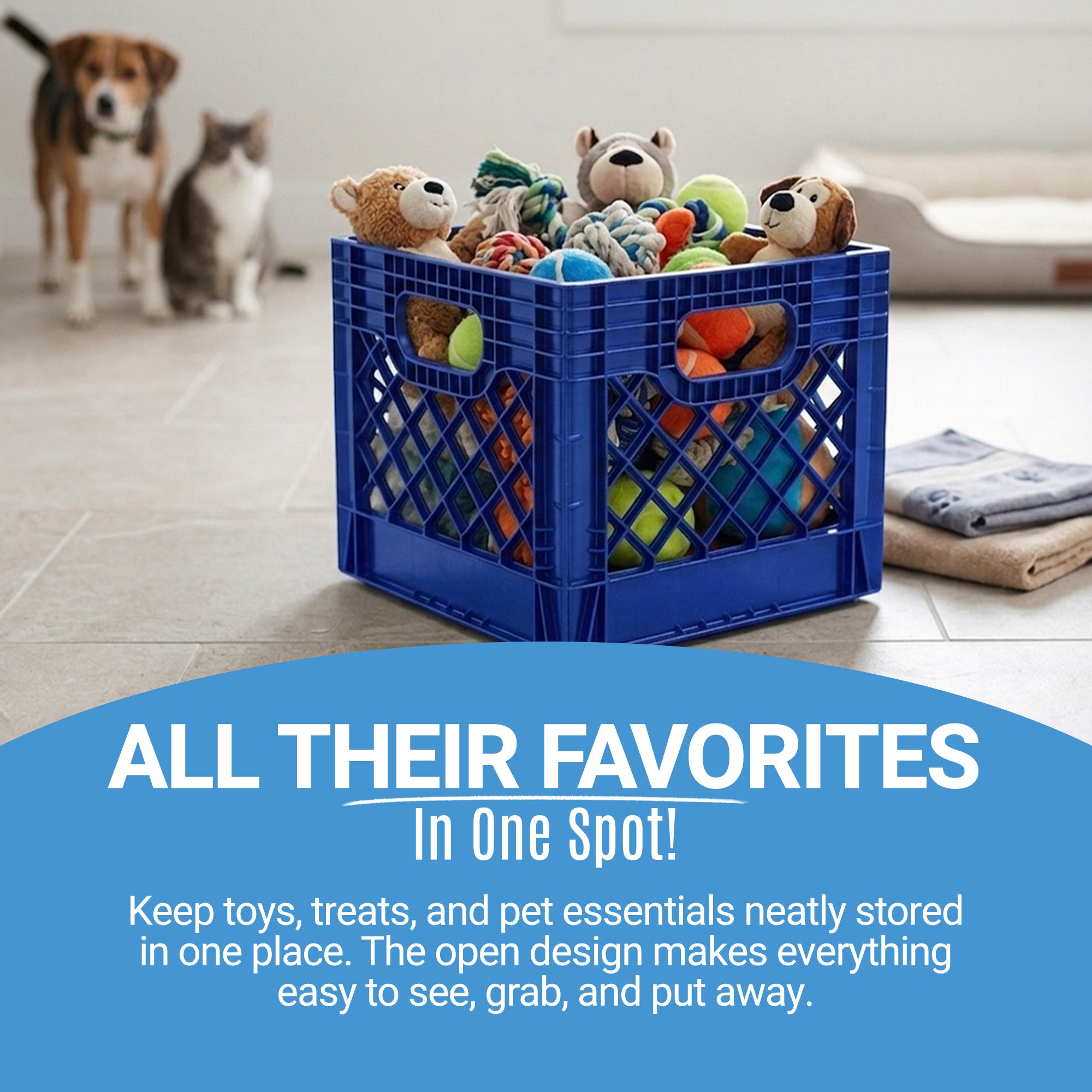 Mirapet Milk Crate, Stackable Plastic Storage with Handles, 16 Qt, Blue, 2 Pack (Open Box)