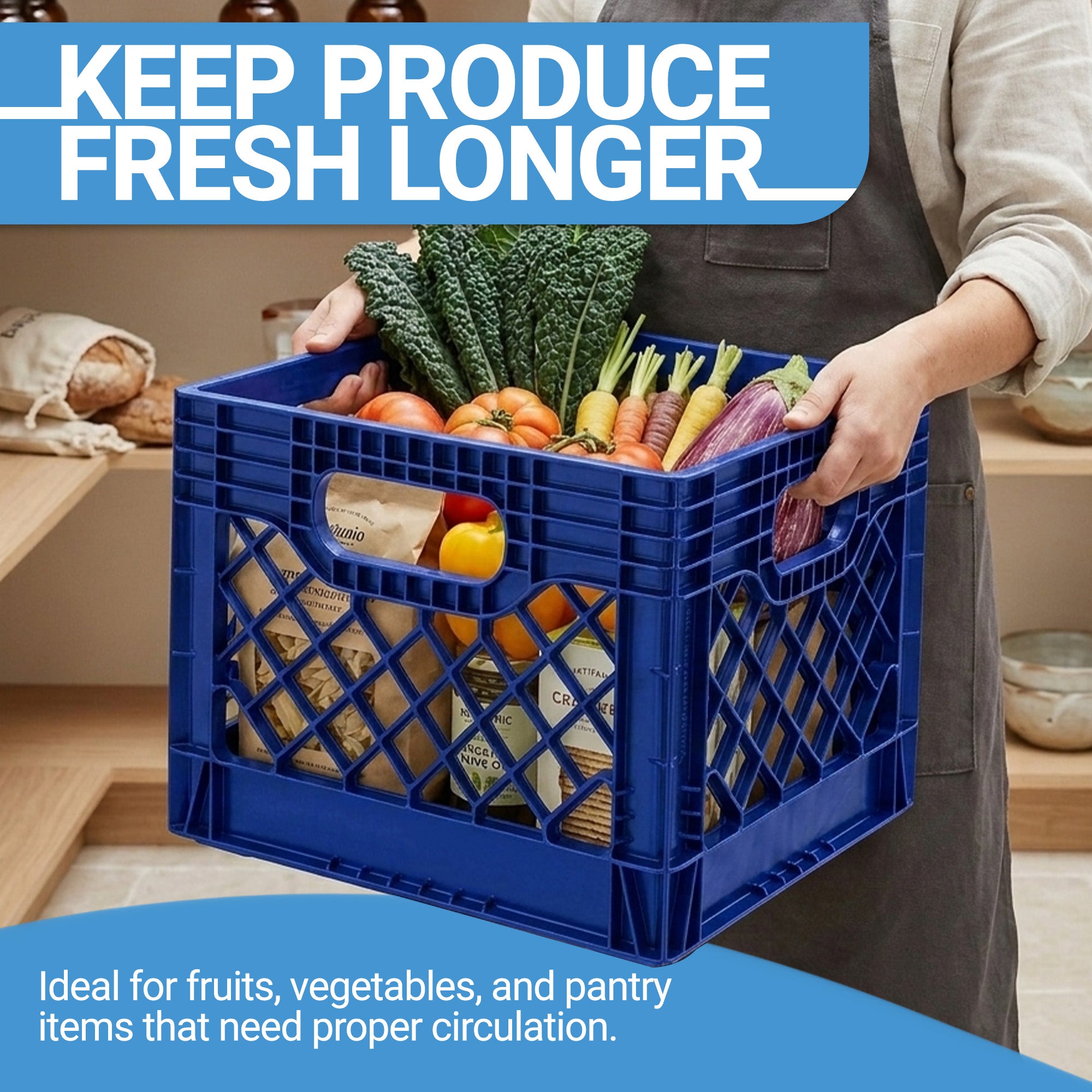 Mirapet Milk Crate, Stackable Plastic Storage with Handles, 16 Qt, Blue, 2 Pack (Open Box)