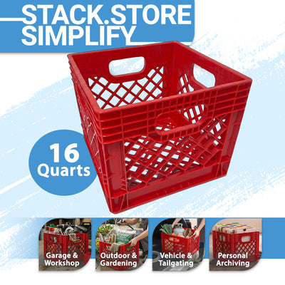 MIRAMAR Milk Crate, Stackable Plastic Storage with Handles, 16 Qt, Red, 2 Pack