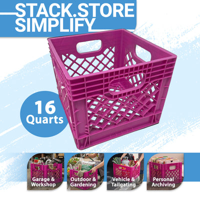 Mirapet Milk Crate, Stackable Plastic Storage with Handles, 16 Qt, Berry, 2 Pack - VMInnovations