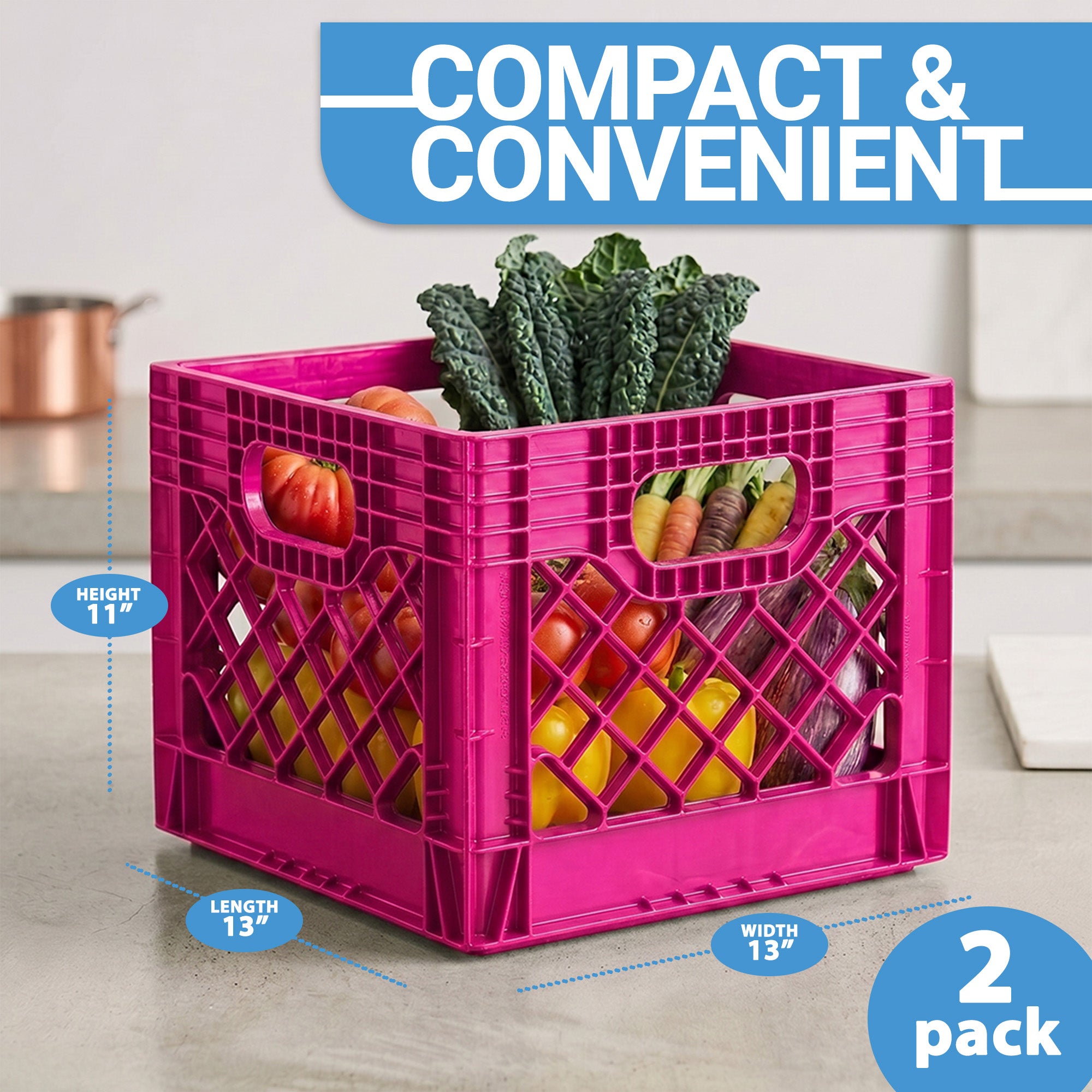 Mirapet Milk Crate, Stackable Plastic Storage with Handles, 16 Qt, Berry, 2 Pack - VMInnovations