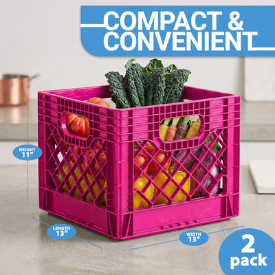 Mirapet Milk Crate, Stackable Plastic Storage with Handles, 16 Qt, Berry, 2 Pack - VMInnovations