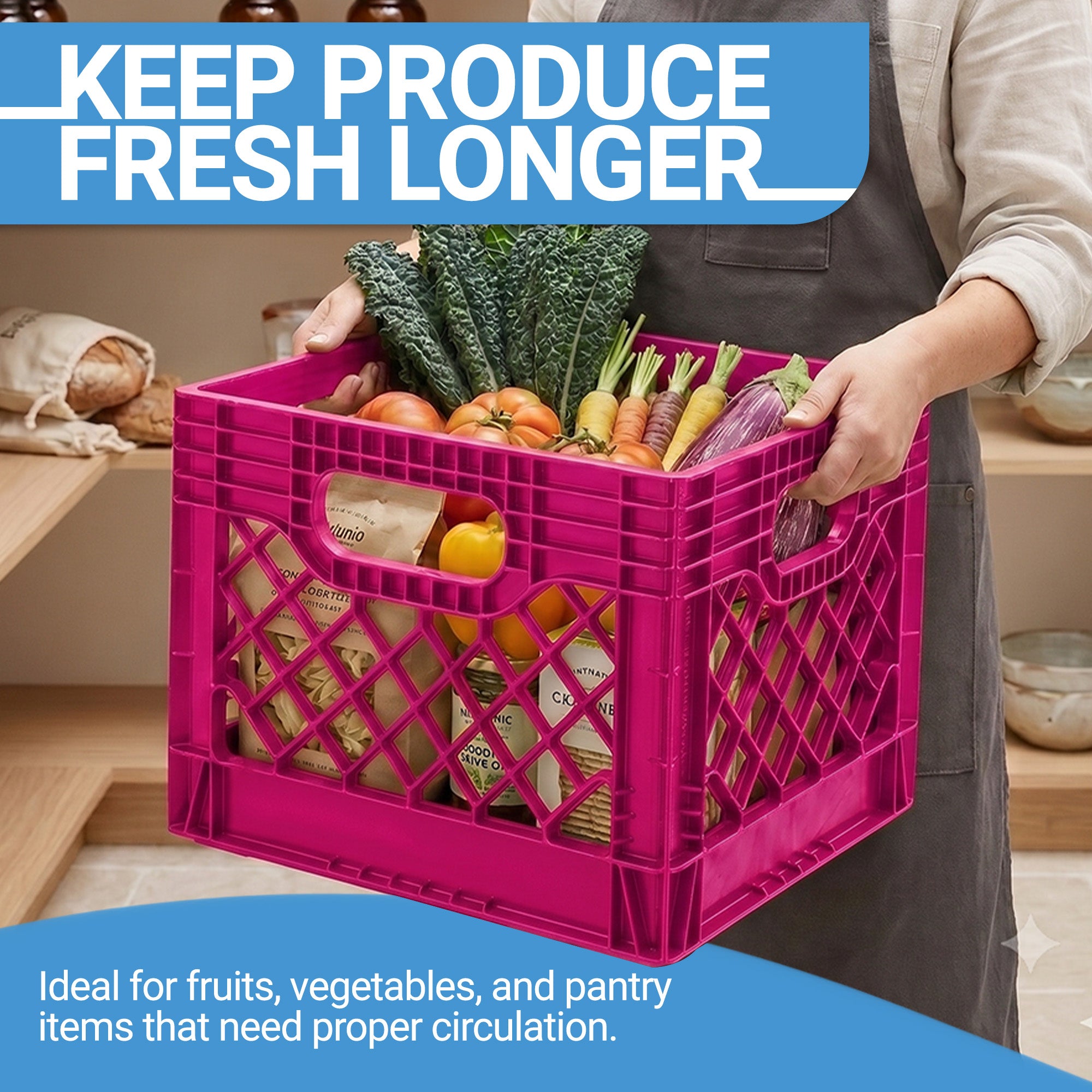 Mirapet Milk Crate, Stackable Plastic Storage with Handles, 16 Qt, Berry, 2 Pack - VMInnovations