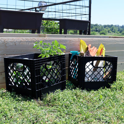 MIRAMAR Milk Crate, Stackable Plastic Storage with Handles, 16 Qt, Black, 4 Pack