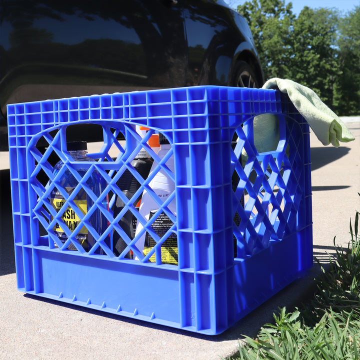 MIRAMAR Milk Crate, Stackable Plastic Storage with Handles, 16 Qt, Blue, 4 Pack