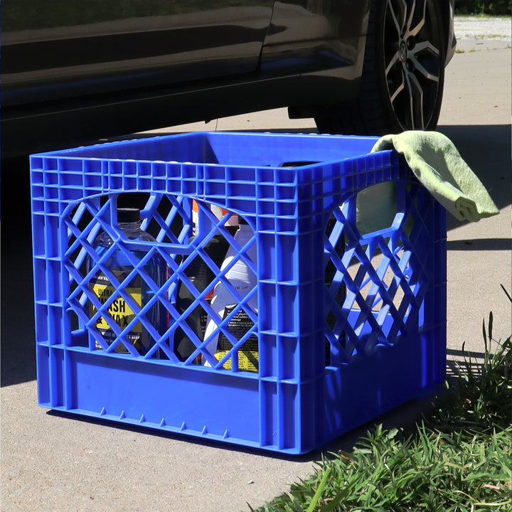 MIRAMAR Milk Crate, Stackable Plastic Storage with Handles, 16 Qt, Blue, 4 Pack