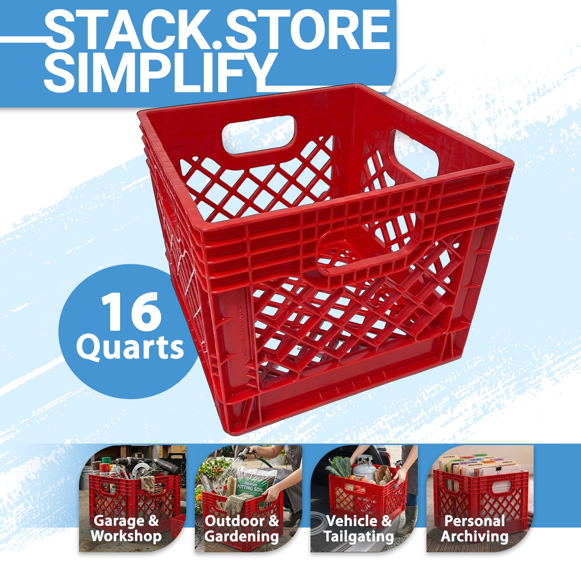MIRAMAR Milk Crate, Stackable Plastic Storage with Handles, 16 Qt, Red, 4 Pack