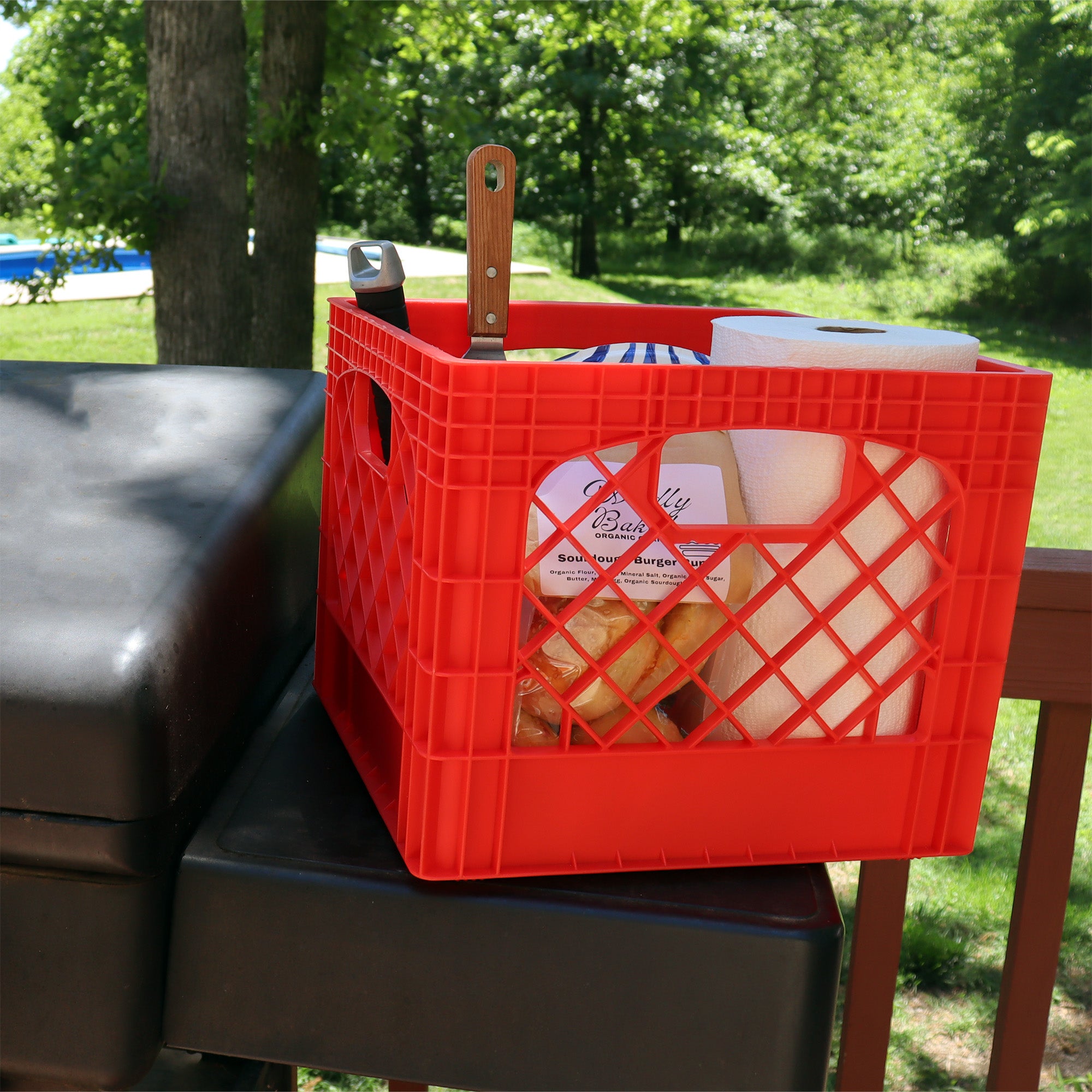 MIRAMAR Milk Crate, Stackable Plastic Storage with Handles, 16 Qt, Red, 4 Pack