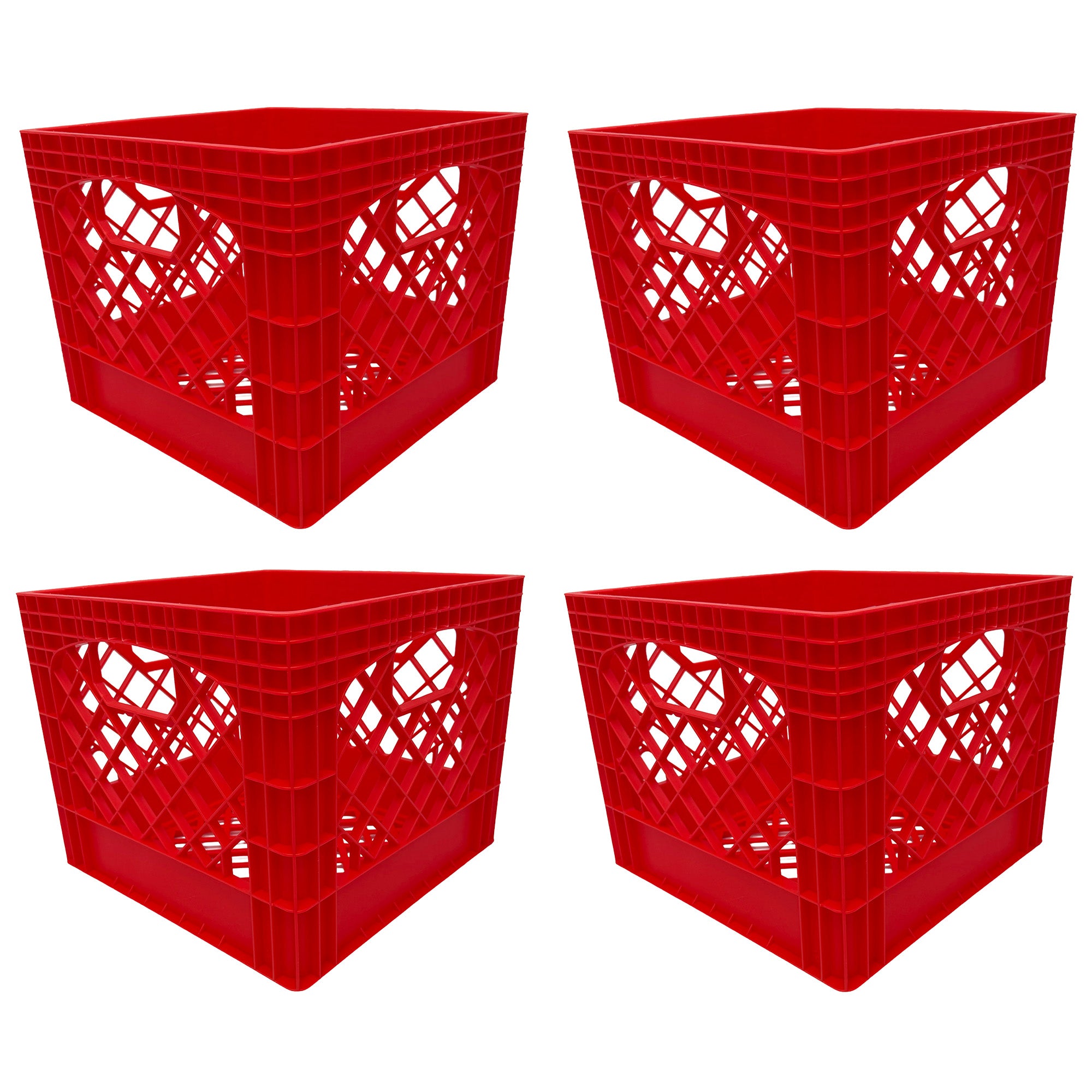 Mirapet Milk Crate, Stackable Plastic Storage with Handles, 16 Qt, Red, 4 Pack - VMInnovations