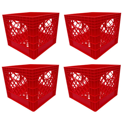 Mirapet Milk Crate, Stackable Plastic Storage with Handles, 16 Qt, Red, 4 Pack - VMInnovations
