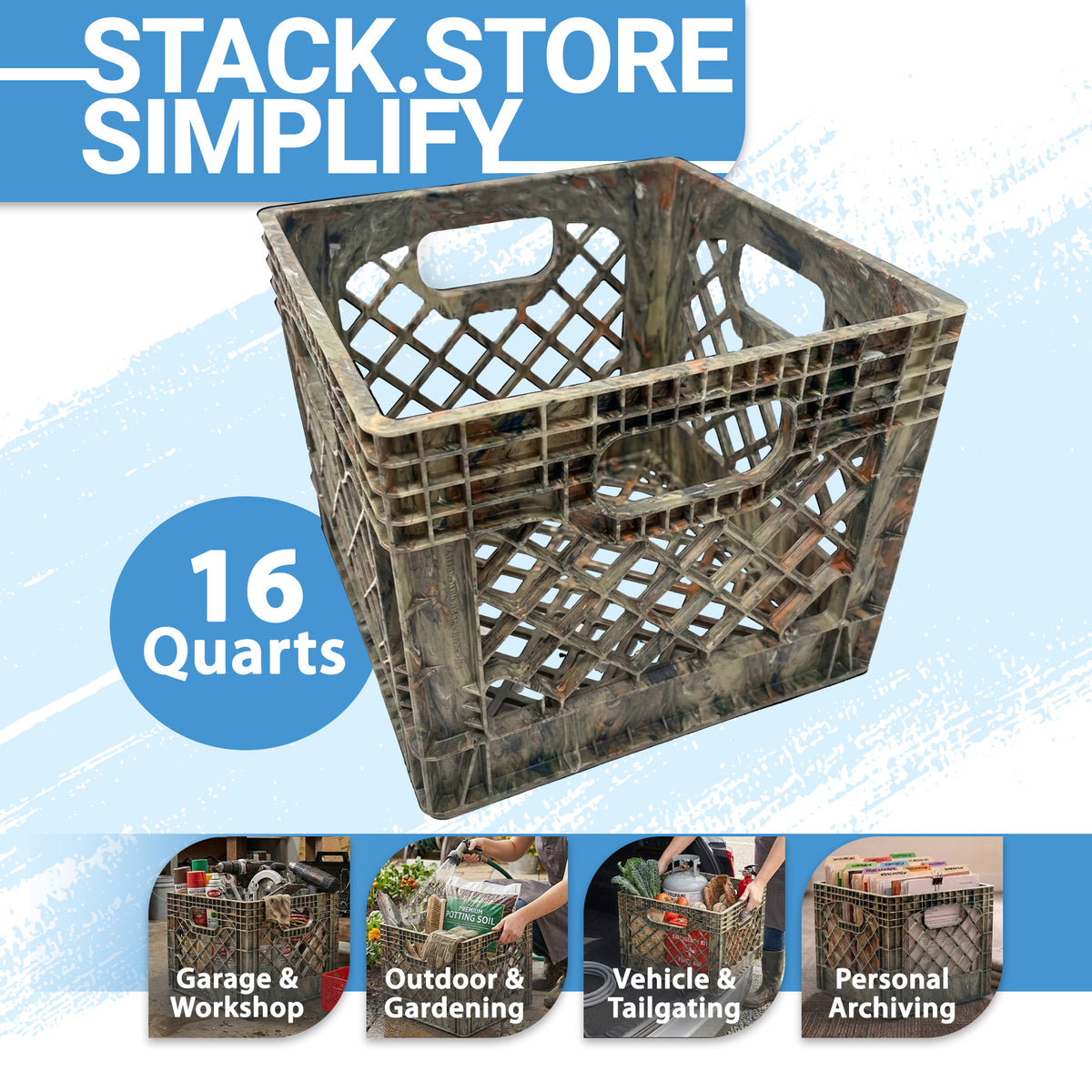 MIRAMAR Milk Crate, Stackable Plastic Storage with Handles, 16 Qt, (Open Box)