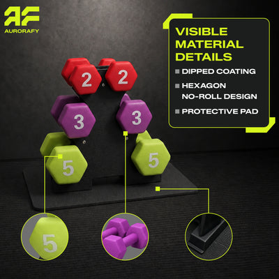 Aurorafy Neoprene Dumbbell Workout Set & Rack, 2 lbs, 3 lbs, & 5 lbs, Multicolor