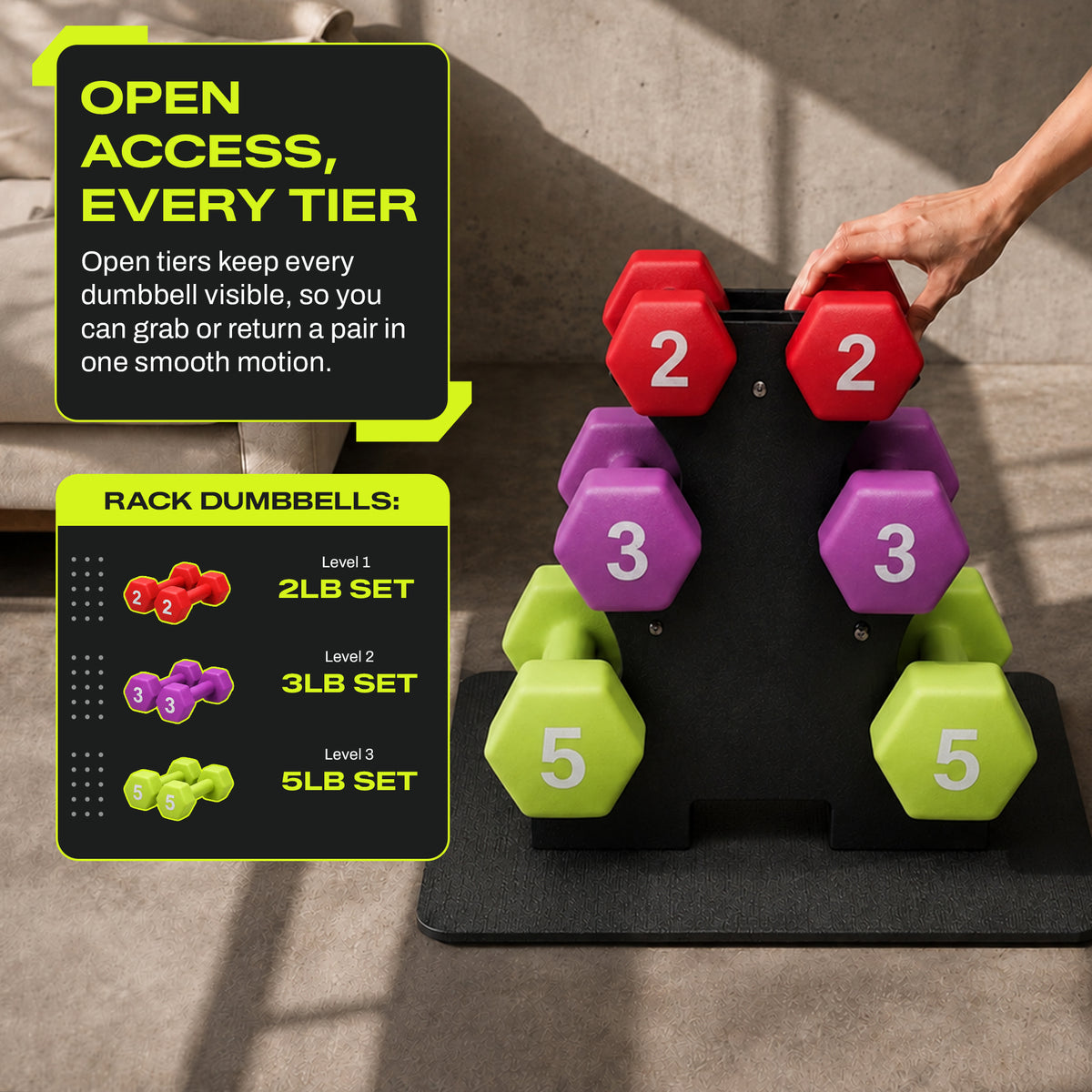 Aurorafy Neoprene Dumbbell Workout Set & Rack, 2 lbs, 3 lbs, & 5 lbs, Multicolor