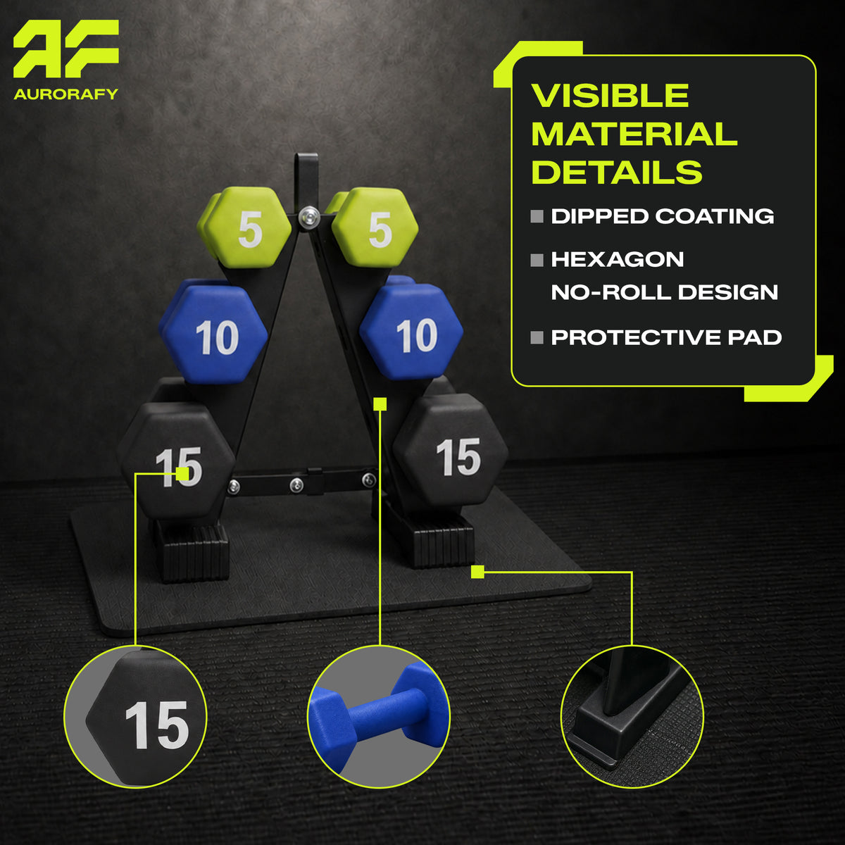 Aurorafy Neoprene Dumbbell Workout Set w/ Rack, 5lbs, 10lbs, & 15lbs, Multicolor