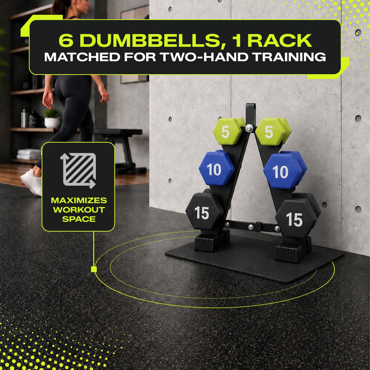 Aurorafy Neoprene Dumbbell Workout Set w/ Rack, 5lbs, 10lbs, & 15lbs, Multicolor