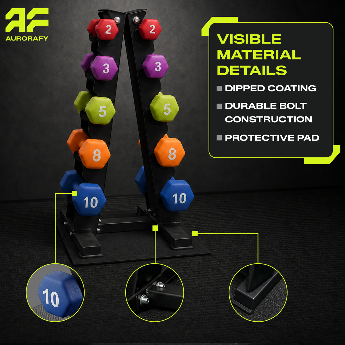 Aurorafy Neoprene Dumbbell Workout Set w/ Rack, 2, 3, 5, 8, & 10lbs, Multicolor
