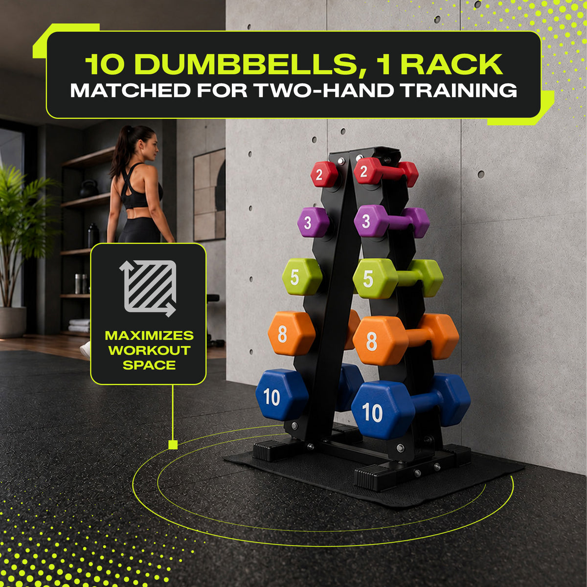 Aurorafy Neoprene Dumbbell Workout Set w/ Rack, 2, 3, 5, 8, & 10lbs, Multicolor