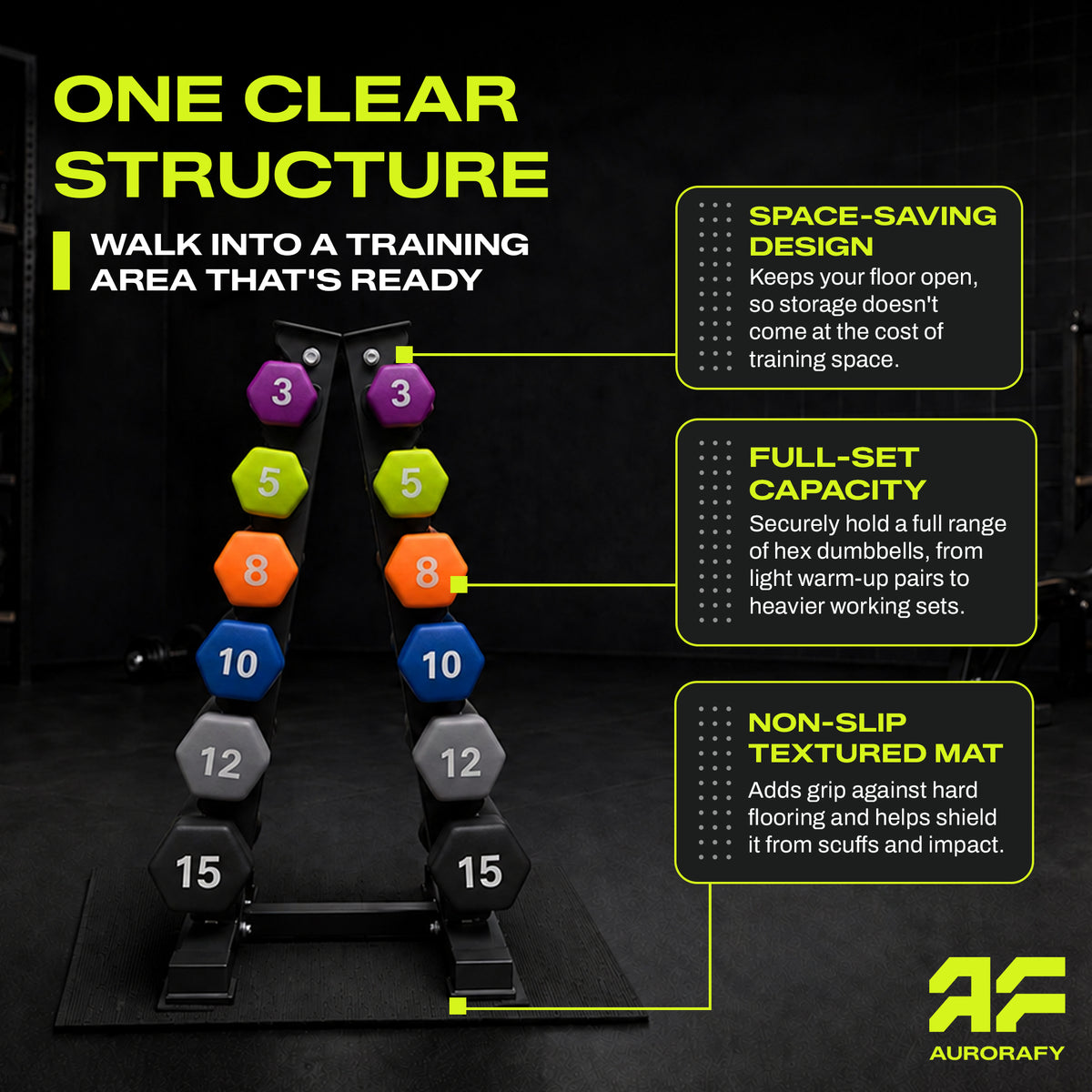 Aurorafy Neoprene Dumbbell Set w/ Rack, Pairs of 3, 5, 8, 10, 12, 15 lb Weights