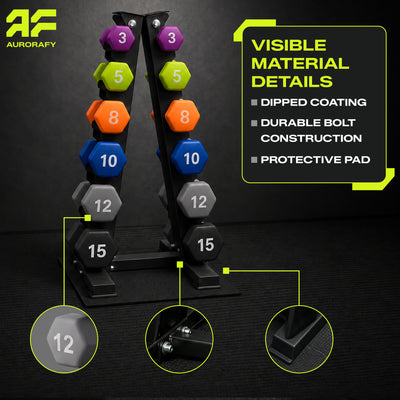 Aurorafy Neoprene Dumbbell Set w/ Rack, Pairs of 3, 5, 8, 10, 12, 15 lb Weights