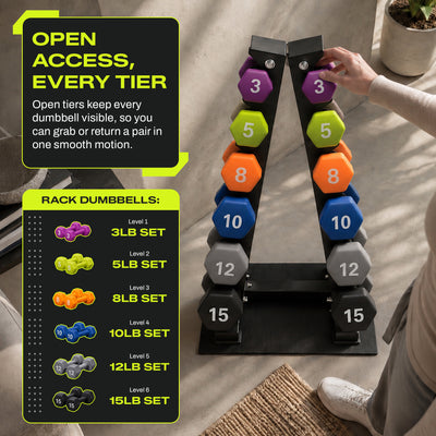 Aurorafy Neoprene Dumbbell Set w/ Rack, Pairs of 3, 5, 8, 10, 12, 15 lb Weights