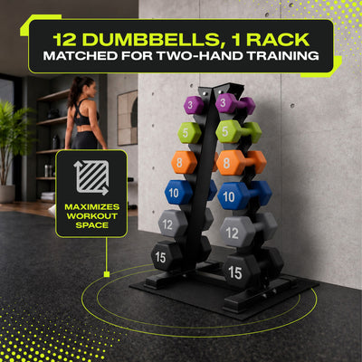 Aurorafy Neoprene Dumbbell Set w/ Rack, Pairs of 3, 5, 8, 10, 12, 15 lb Weights