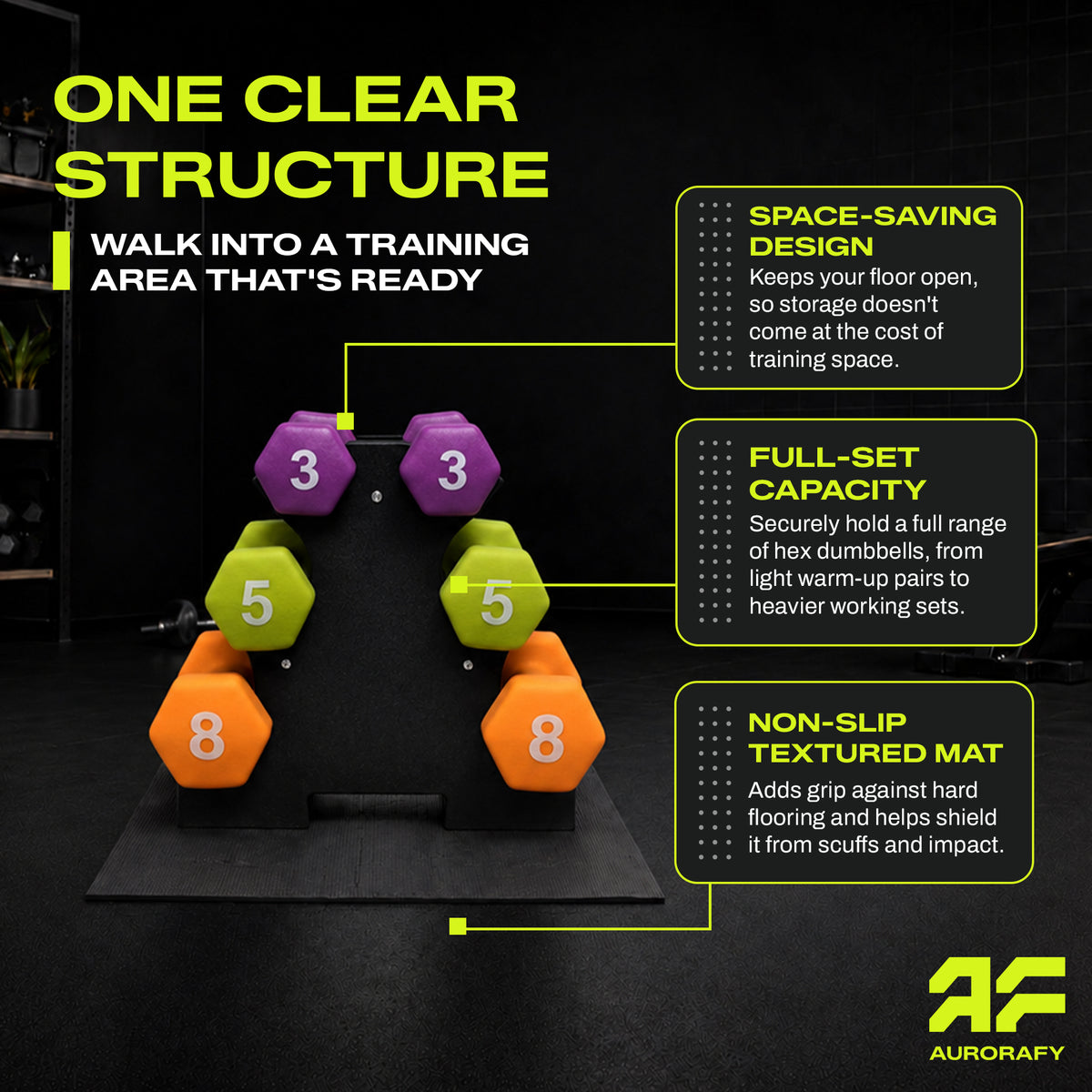 Aurorafy Neoprene Dumbbell Workout Set with Rack, 3lbs, 5lbs, & 8lbs, Multicolor