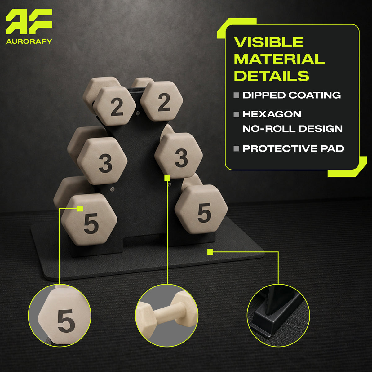 Aurorafy Neoprene Dumbbell Workout Set with Rack, 2 lbs, 3 lbs, & 5 lbs, Beige