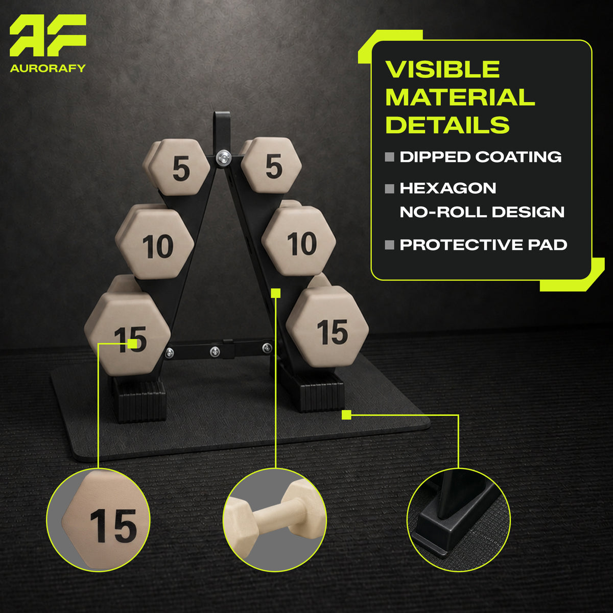 Aurorafy Neoprene Dumbbell Workout Set with Rack, 5 lbs, 10 lbs, & 15 lbs, Beige