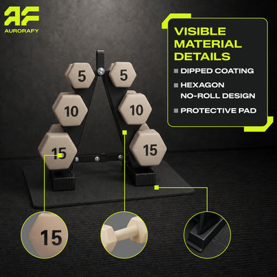 Aurorafy Neoprene Dumbbell Workout Set with Rack, 5 lbs, 10 lbs, & 15 lbs, Beige
