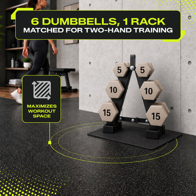 Aurorafy Neoprene Dumbbell Workout Set with Rack, 5 lbs, 10 lbs, & 15 lbs, Beige