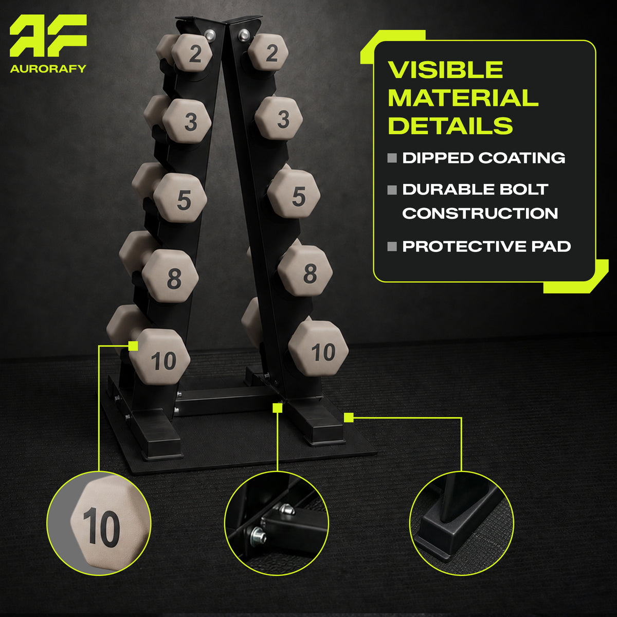 Aurorafy Neoprene Dumbbell Workout Set with Rack, 2, 3, 5, 8, & 10lbs, Beige