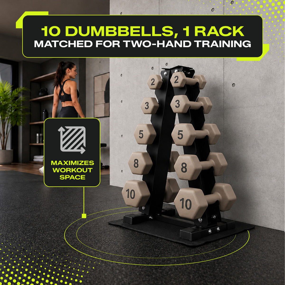 Aurorafy Neoprene Dumbbell Workout Set with Rack, 2, 3, 5, 8, & 10lbs, Beige
