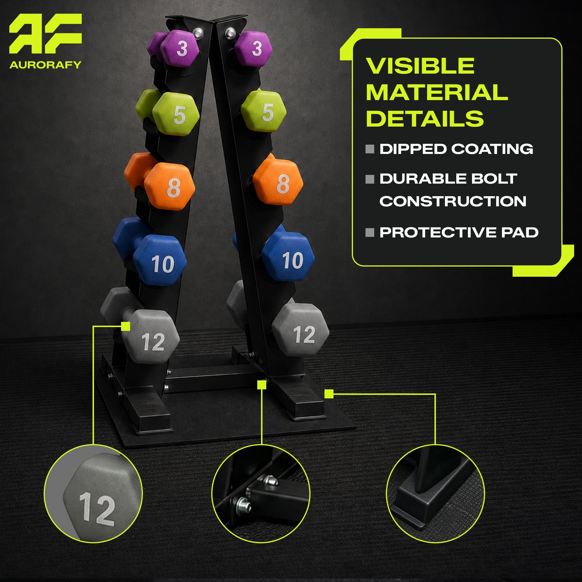 Aurorafy Neoprene Dumbbell Workout Set w/ Rack, 3, 5, 8 ,10, & 12lbs, Multicolor