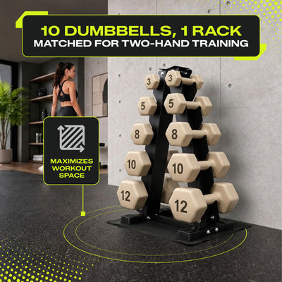 Aurorafy Neoprene Dumbbell Workout Set with Rack, 3, 5, 8 ,10, & 12 lbs, Beige