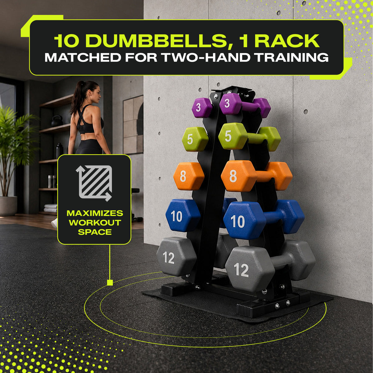 Aurorafy Neoprene Dumbbell Workout Set w/ Rack, 3, 5, 8 ,10, & 12lbs, Multicolor