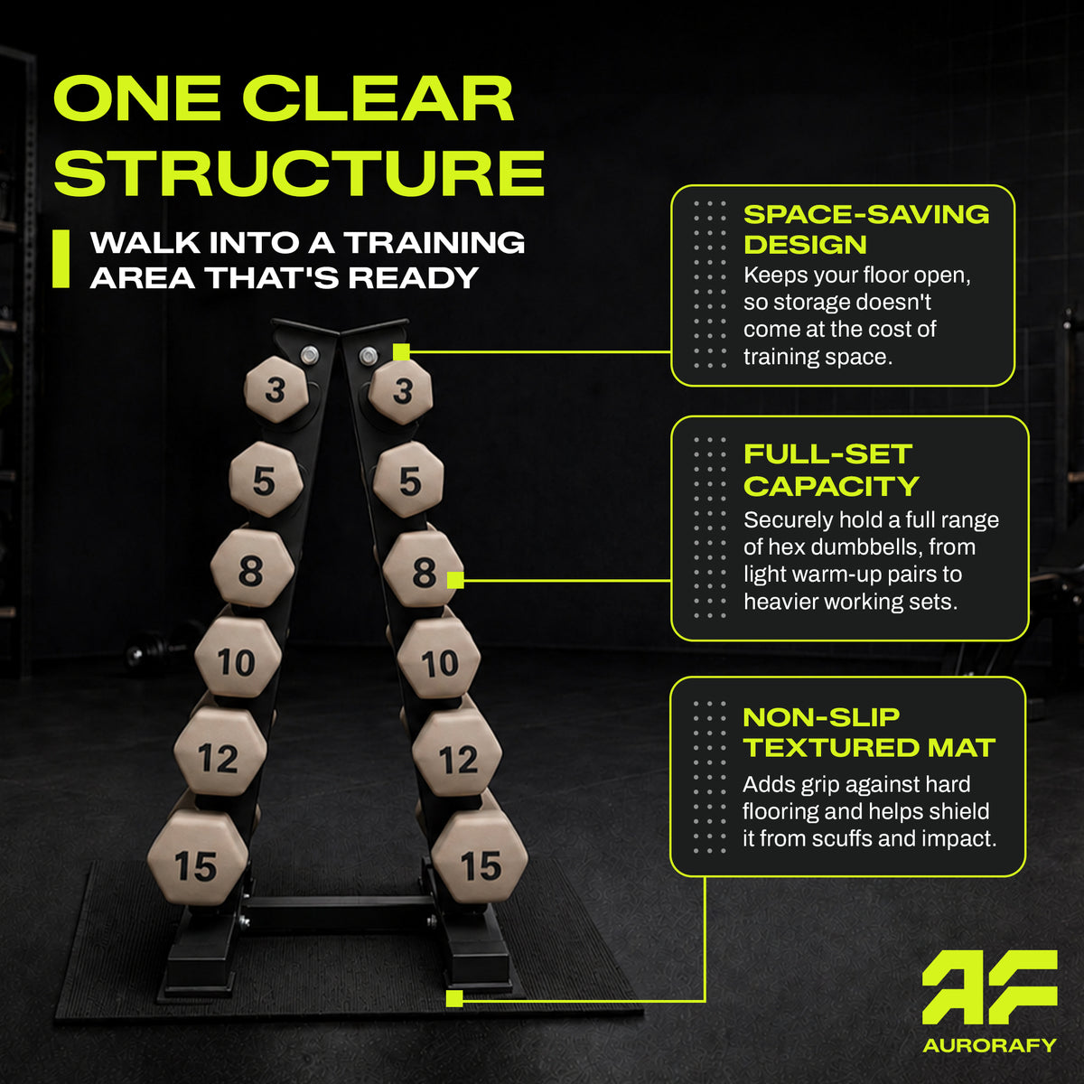 Aurorafy Neoprene Dumbbell Set w/ Rack, Pairs of 3, 5, 8, 10, 12, 15 lb Weights