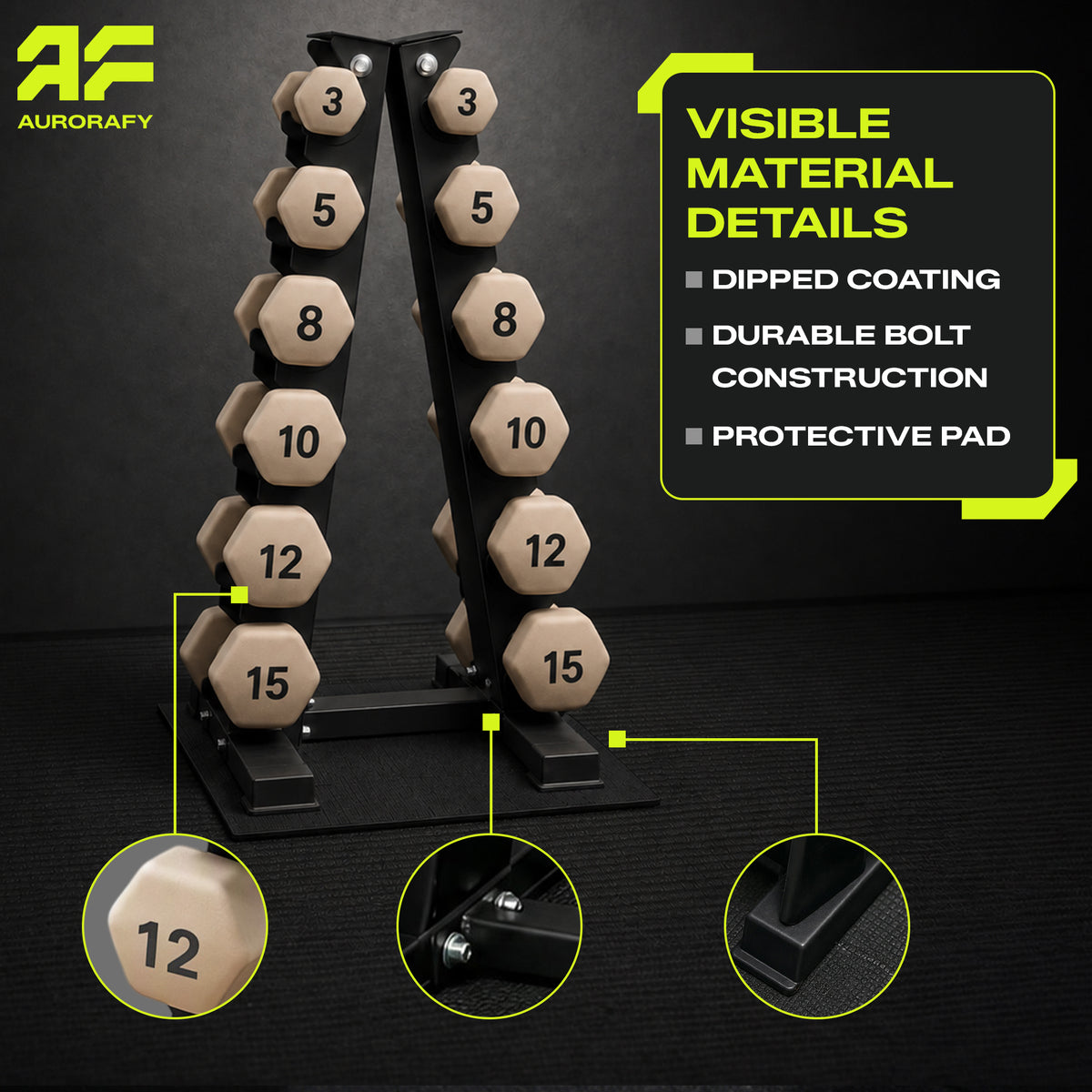 Aurorafy Neoprene Dumbbell Set w/ Rack, Pairs of 3, 5, 8, 10, 12, 15 lb Weights
