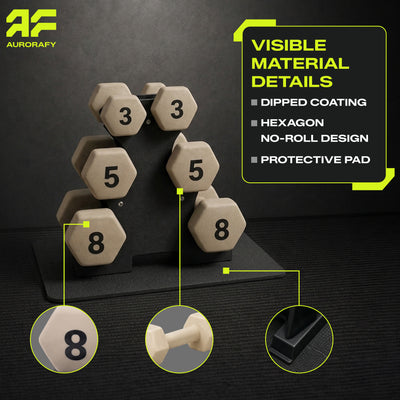 Aurorafy Neoprene Dumbbell Workout Set with Rack, 3 lbs, 5 lbs, & 8 lbs, Beige