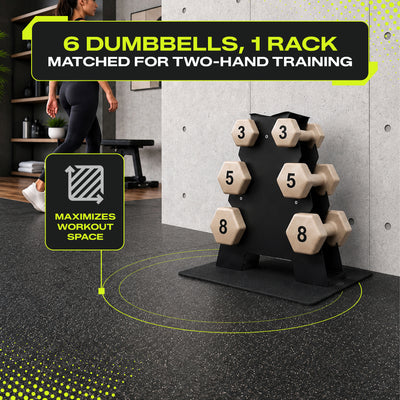 Aurorafy Neoprene Dumbbell Workout Set with Rack, 3 lbs, 5 lbs, & 8 lbs, Beige