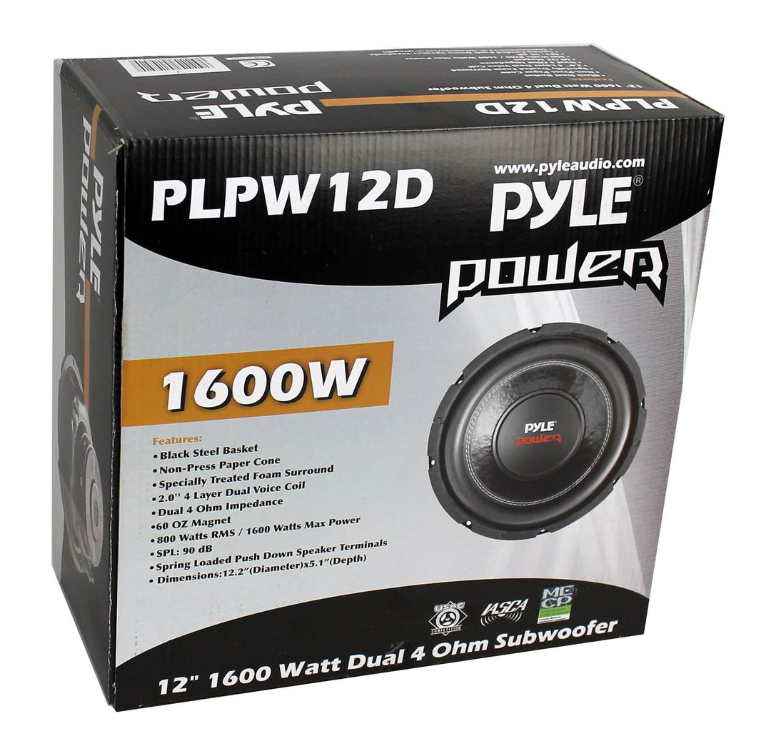 PYLE PLPW12D 12" 1600W 4Ohm DVC Black Car Stereo Audio Power Subwoofer Dual Coil