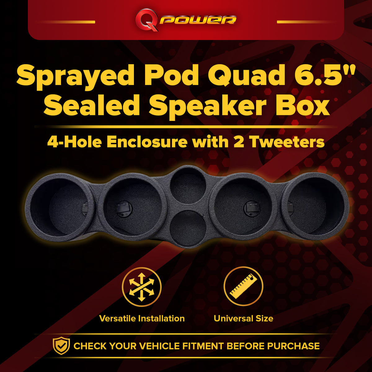 Q Power Sprayed Pod Quad 6.5" Speaker Box, 4-Hole Sealed Enclosure w/ 2 Tweeters - VMInnovations