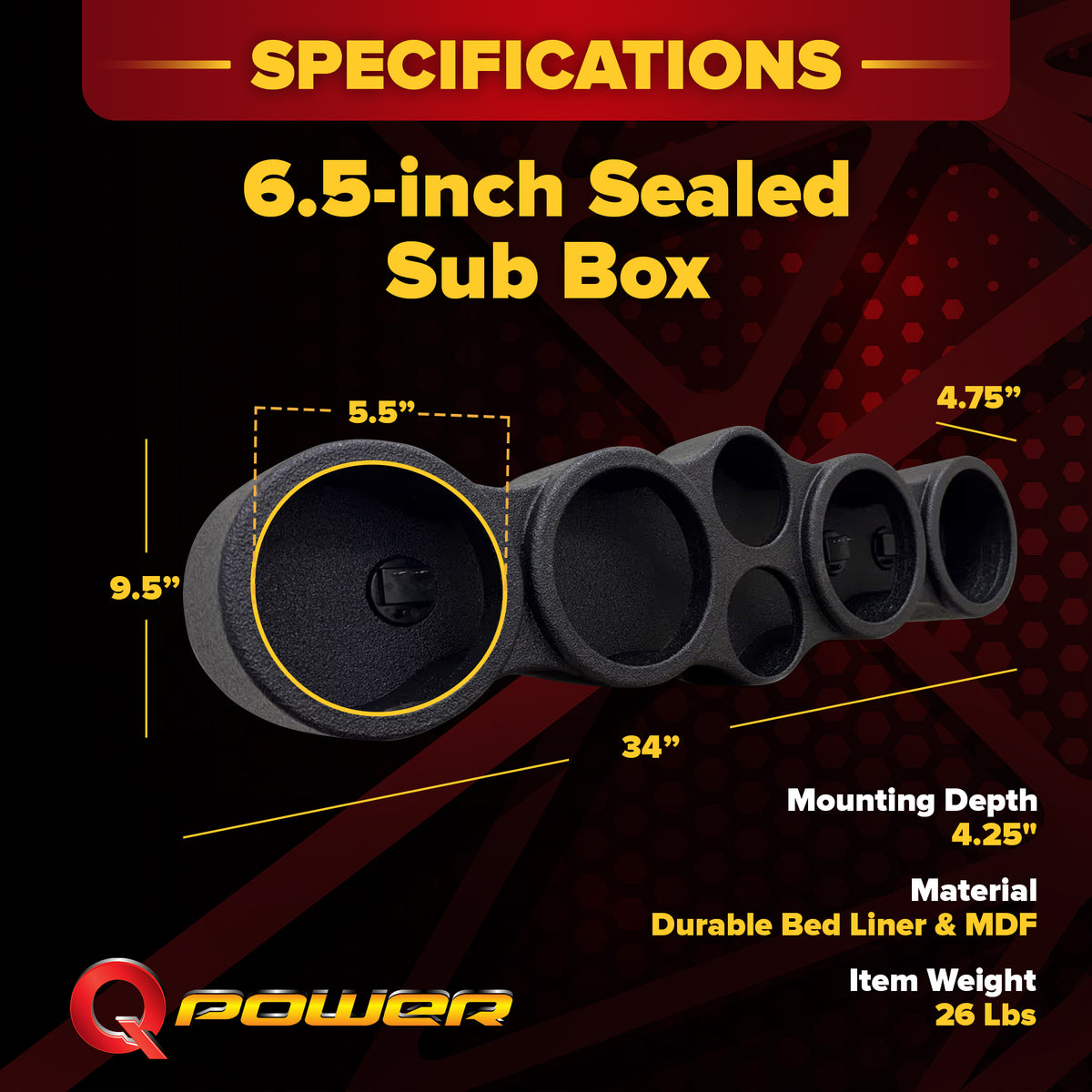 Q Power Sprayed Pod Quad 6.5" Speaker Box, 4-Hole Sealed Enclosure w/ 2 Tweeters - VMInnovations