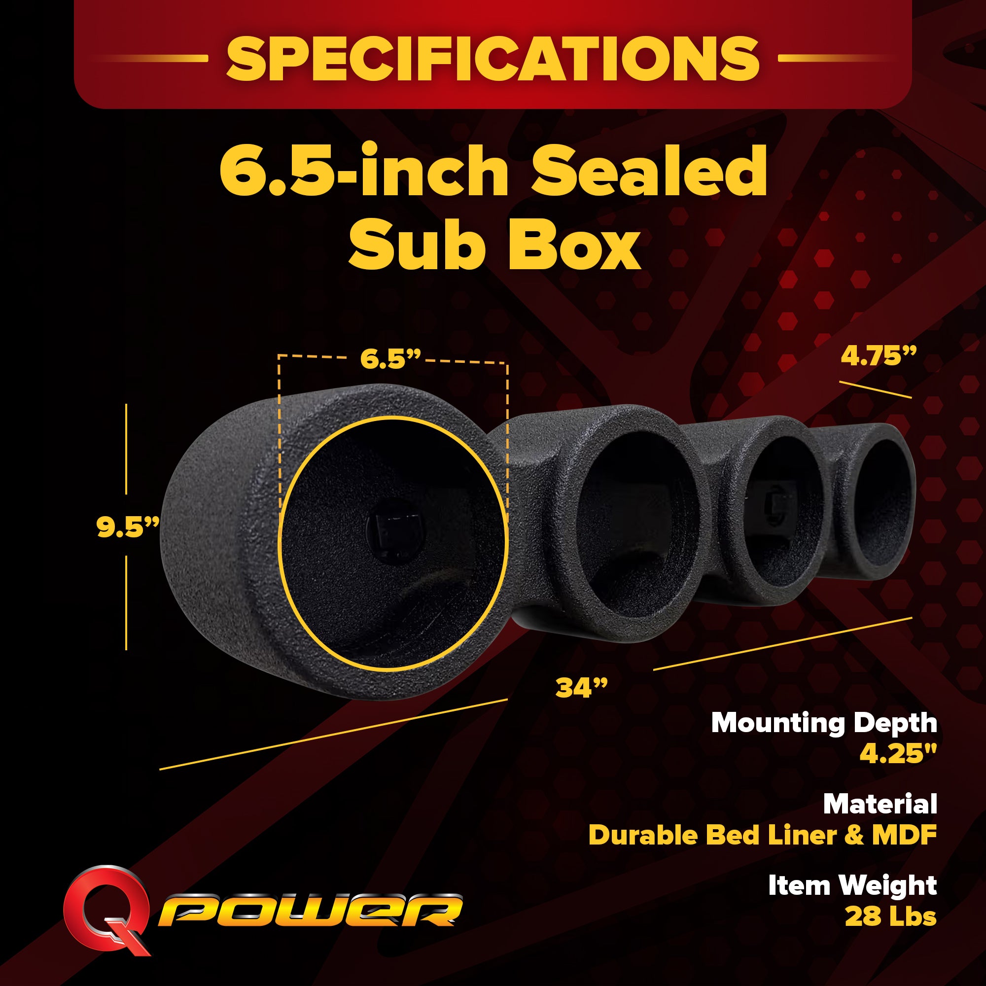 Q Power Sprayed Pod Quad 6.5" Speaker Box, 4-Hole Sealed Enclosure, Black