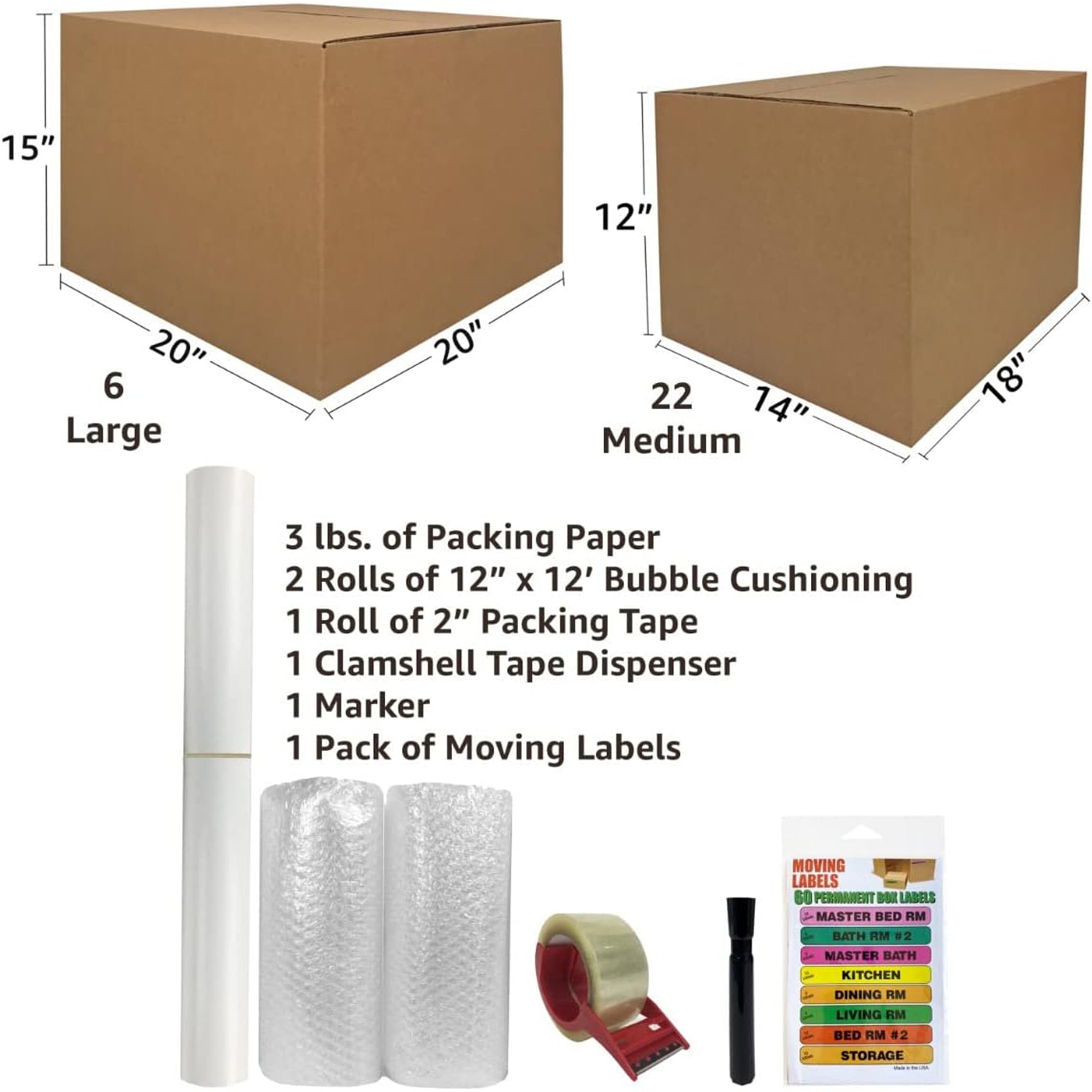 UBMOVE 2 Room Moving Kit, 28 Corrugated Cardboard Boxes w/ Packing Supplies (Used)
