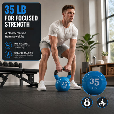 Fitvids 35 lb Vinyl-Coated Kettlebell Weight for Strength Training, Light Blue