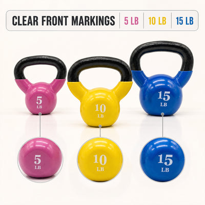 Fitvids Vinyl-Coated Kettlebell Weights, Set of 5, 10, and 15 lb, Multicolor